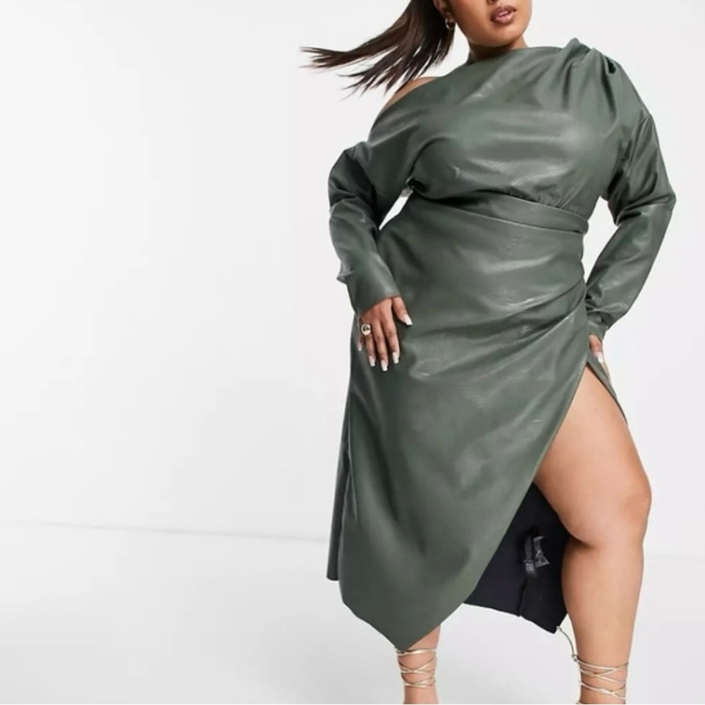 NWT ASOS Design Curve Forest Olive Green Faux Leather One Shoulder Dress, size18